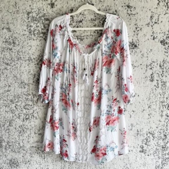 Xhilaration Tunic Dress Size XXL Off the Shoulders White Lace Pink Floral Casual - Picture 11 of 11